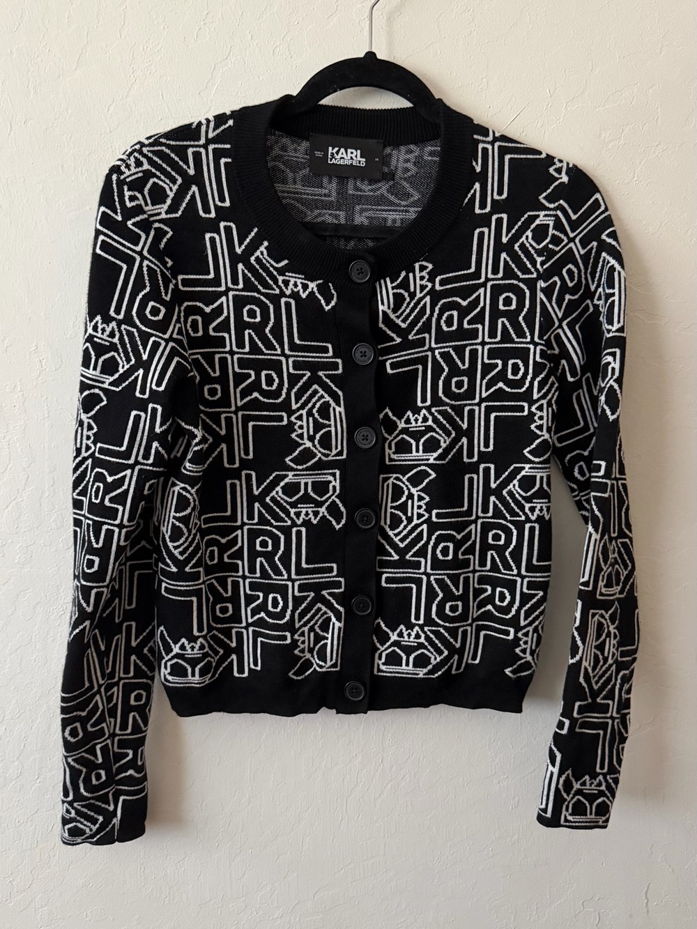 Karl Lagerfeld Black and White Logo Jacquard Cardigan